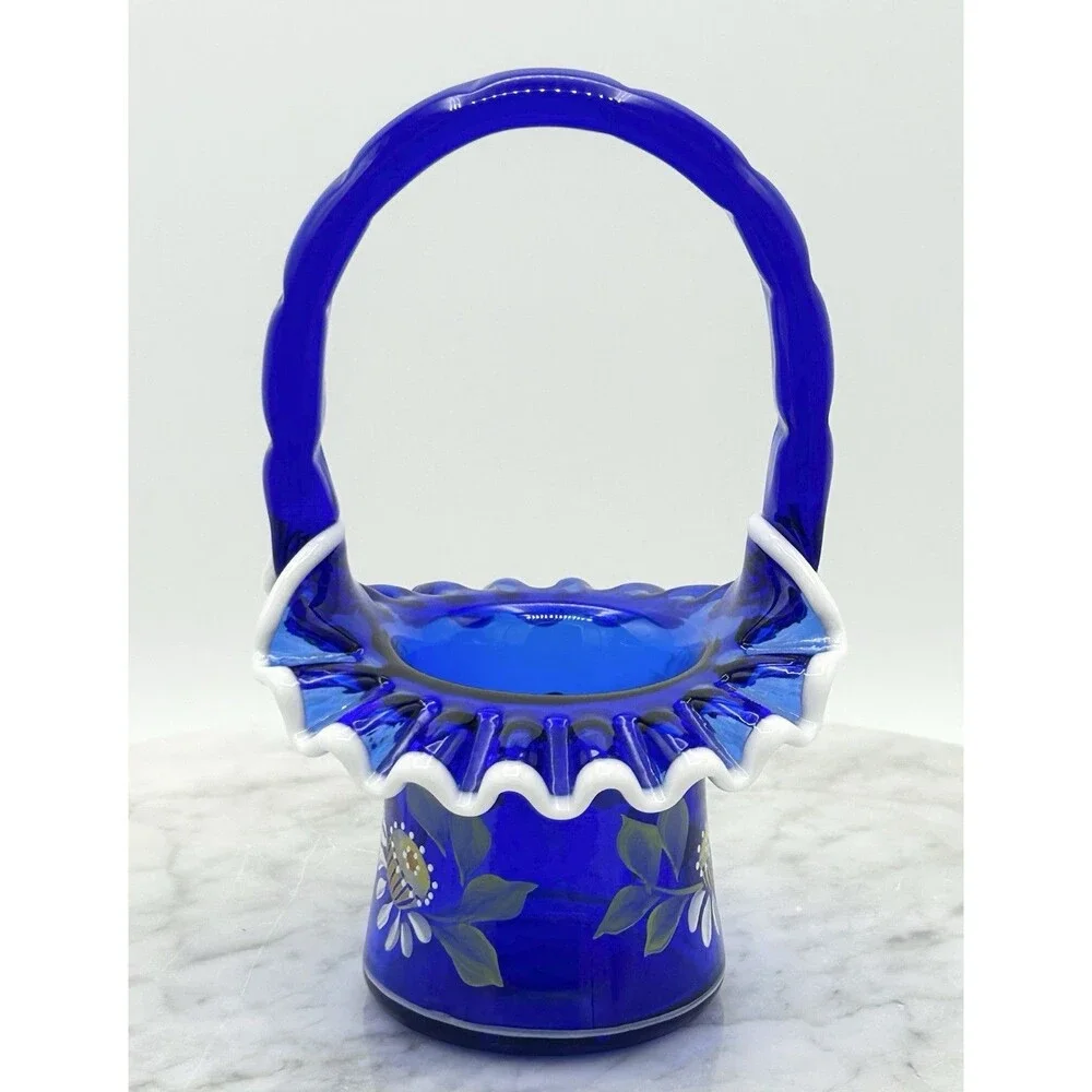Fenton Hand Painted Cobalt Blue Basket Hand Painted Special Collection